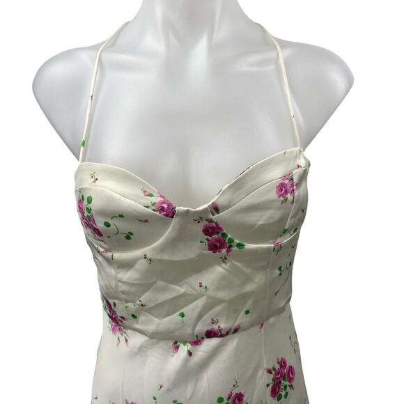 NEW Zara White Silk Satin Floral Sleeveless Bustier Slit Cami Midi Slip Dress S - Picture 4 of 6